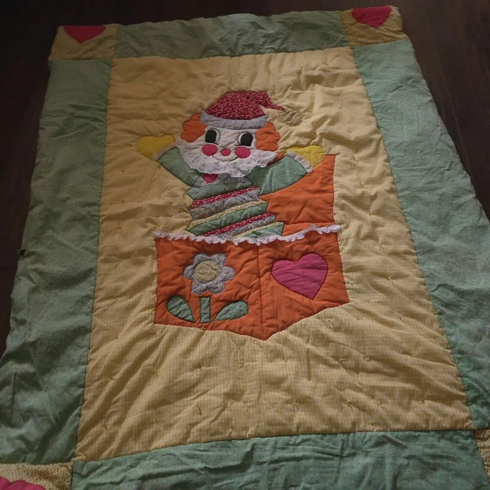 Vintage Handmade Jack in the Baby Quilt 41”x 53” Baby Heart Applique Blanket